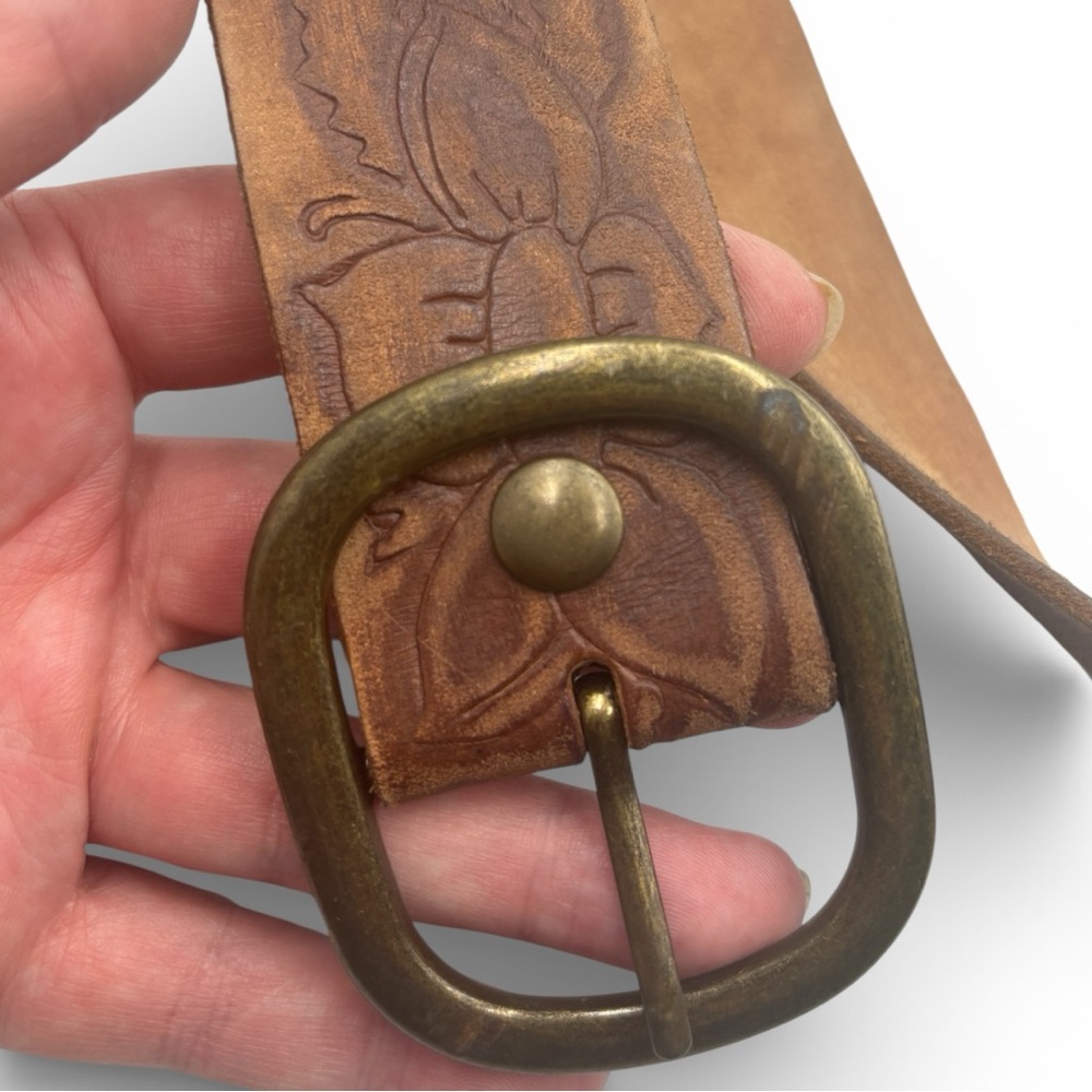 Vintage A&F patina tooledfloral genuine Leather Belt Brass Buckle western L - Picture 11 of 16